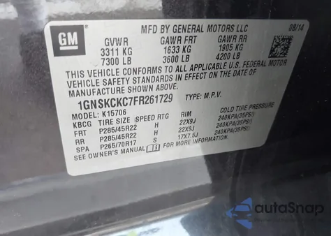 2015 Chevrolet Tahoe Ltz z USA, uszkodzony, nr VIN 1GNSKCKC7FR261729